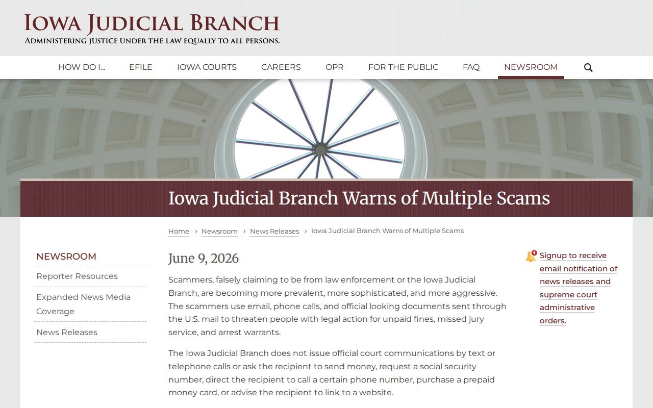Clay County arrest warrant official Iowa court scam warning