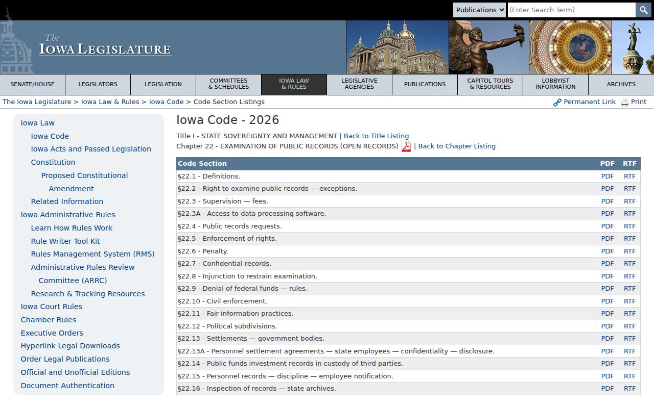 Iowa Code Chapter 22 public-records section index for Clay County access questions