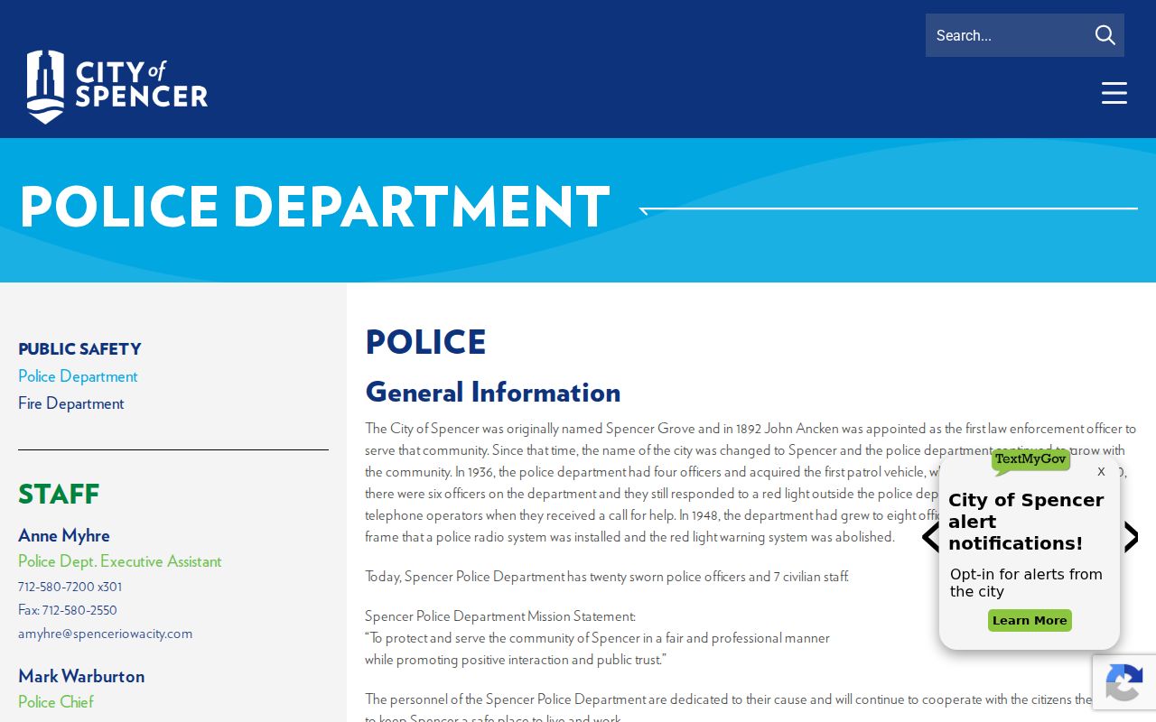 Official Spencer Police Department contact page without a public warrant roster