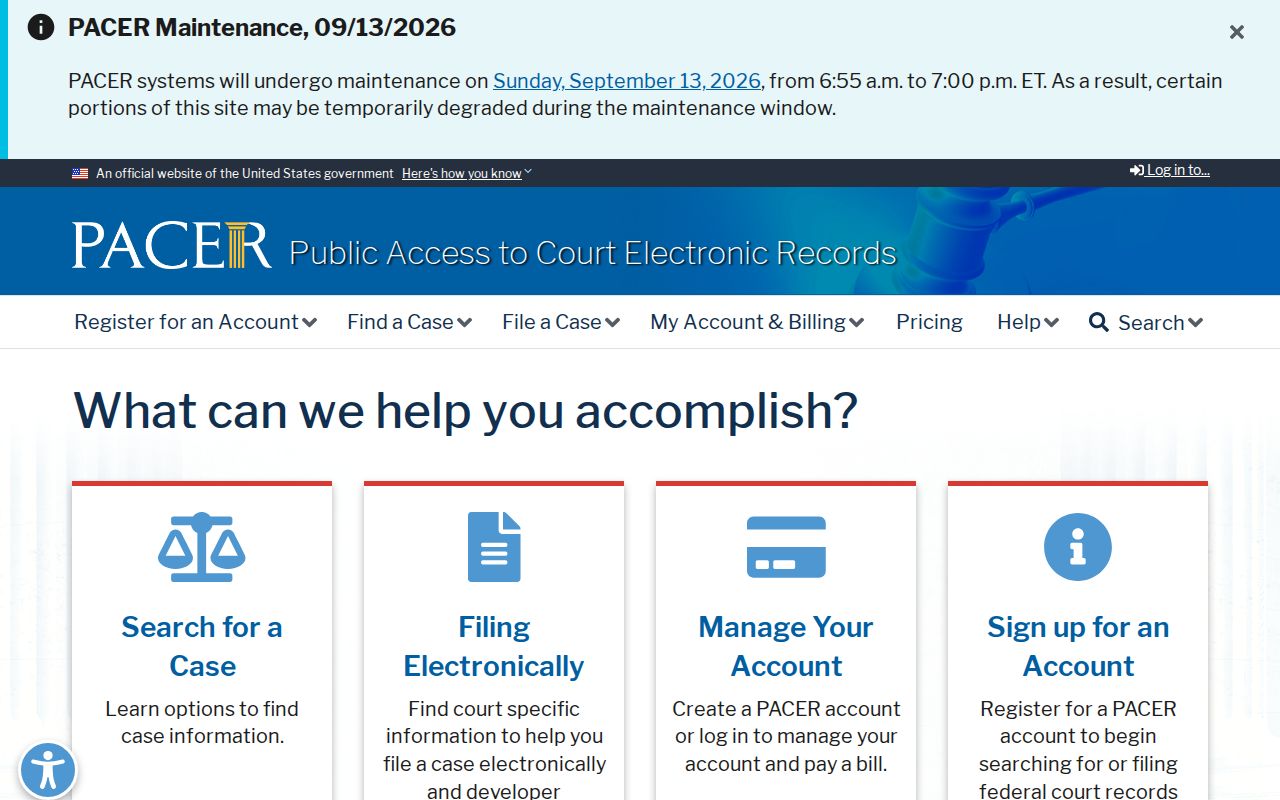 PACER official federal public court docket access page